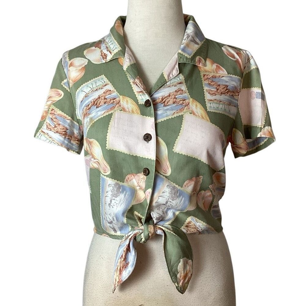 La Cabana Cropped Tie Waist Hawaiian Shirt Top Blouse Women’s Small Aloha